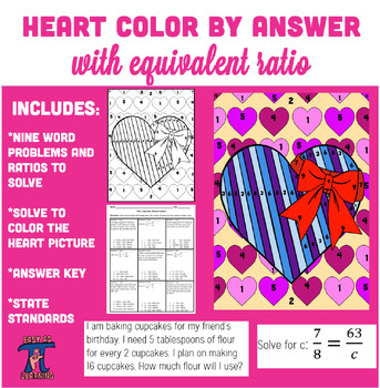 Preview of Equivalent Fractions and Ratios- Color By Number for Valentine's Day