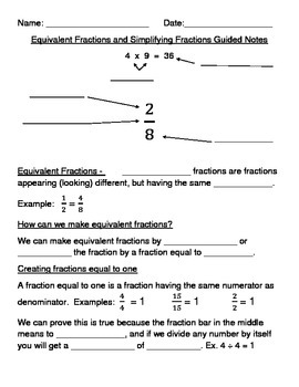 Preview of Equivalent Fractions and Simplifying Fractions Guided Notes