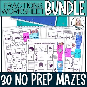 Preview of Fractions No Prep Worksheets Equivalent Identifying and Improper to Mixed Mazes