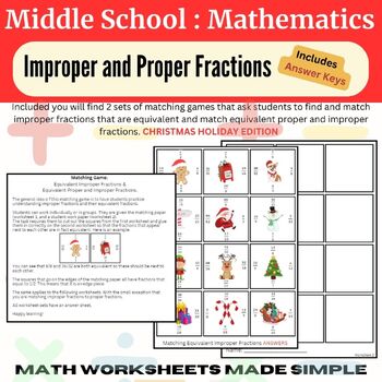 Preview of Equivalent Improper Fractions Matching Game (Christmas Edition)