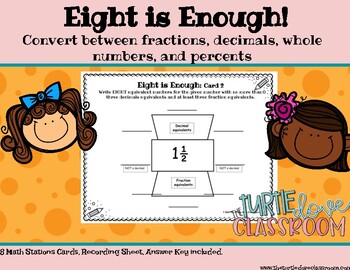 Preview of Math Station: Equivalent Numbers Fractions, Decimals, Percents :  8 is enough!