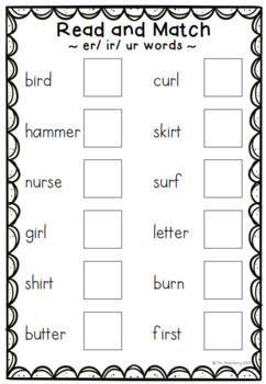 Er Ir Ur Picture Match Worksheets by Mrs Strawberry | TpT