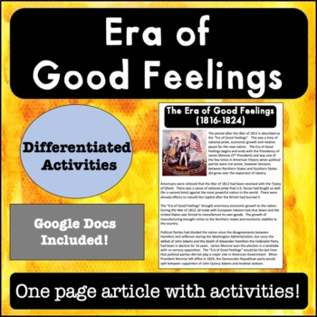 Preview of Era of Good Feelings Reading Passage and Activities & Distance Learning