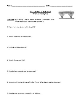 Preview of Ernest Hemingway: "The Old Man at the Bridge" Worksheet (or Test) and Answer Key