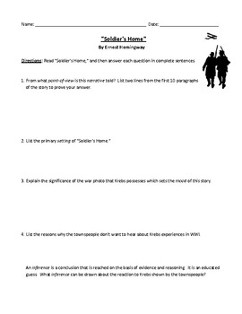 Preview of Ernest Hemingway's "Soldier's Home": Review, Test, or Homework with Answer Key