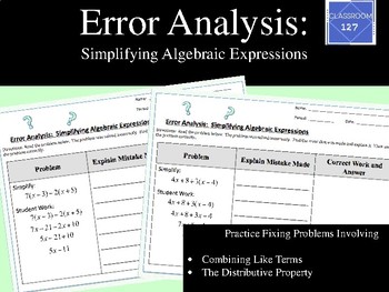 Preview of Error Analysis:  Simplifying Algebraic Expressions