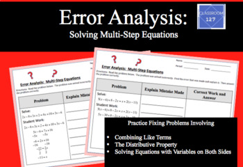Preview of FREE Error Analysis:  Solving Multi-Step Equations