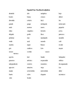 Es1_Comprehensive Adjective List by SpanishFanatic | TpT