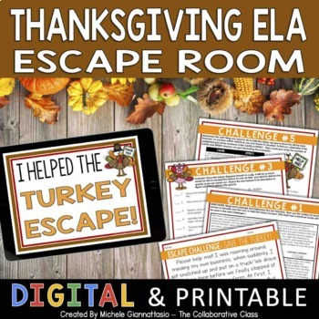 Preview of Thanksgiving Escape Room | ELA Escape Room Activity Print + Digital