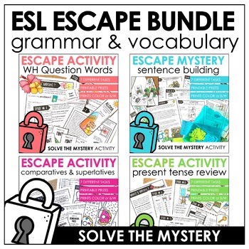 Preview of Escape Room Bundle ESL - WH Questions, Present Tense Verbs, Sentence Building