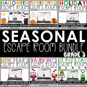 Preview of Seasonal Math Escape Room Bundle | 3rd Grade | Digital and Print