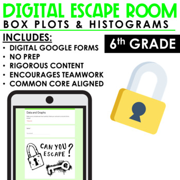 Preview of Mean, Median, Mode, Histograms, Box Plots | Math Escape Room | Digital and Print