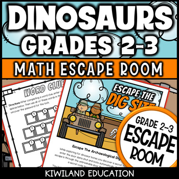 Preview of 2nd 3rd Grade Dinosaurs Math Escape Room Activities Dino Bones End Of Year Game