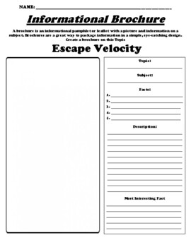 Preview of Escape Velocity "Informational Brochure" Worksheet & WebQuest