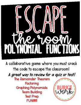Preview of Escape the Room: Polynomial Functions (A Review Game)