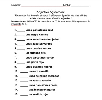 Adjectives for Clothes Sorting Worksheet / Worksheet Spanish