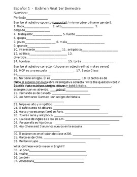 Preview of Español 1- Exámen Final -1er Semestre  / Spanish 1 -Final Exam - 1st Semester