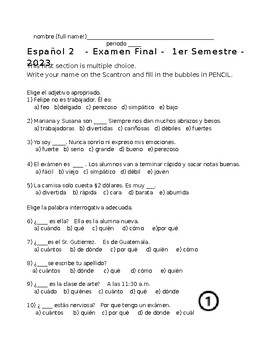 Preview of Español 2 - Exámen Final 1er Semestre / Spanish 2 Final Exam 1st Semester