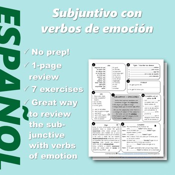 Preview of Español: No prep one page review: Subjunctive with emotion