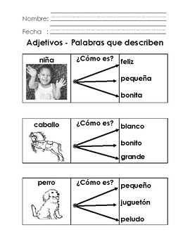 Preview of Español Primer grado Conceptos: Adjetivos - Ejercicios: destrezas de lectura