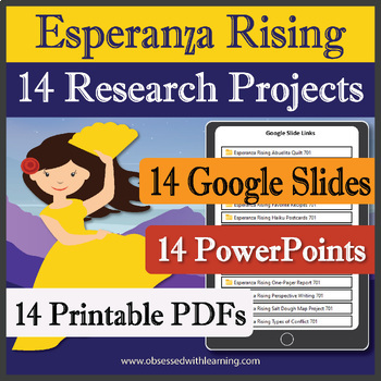 Preview of Esperanza Rising Activities, 14 Research Projects, PBL, Rubrics, Google Slide