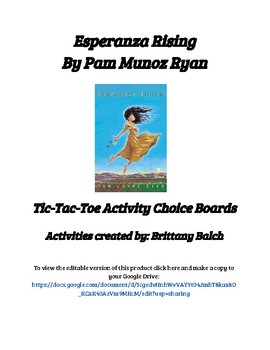 Preview of Esperanza Rising Tic-Tac-Toe Activity Choice Boards-Complete Packet!