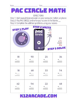 Preview of Esport Math: Mastering Two-Digit Addition with Pac Circle Video Game Worksheet