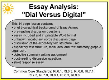 Preview of Essay Analysis Dial Versus Digital Promethean Common Core 6th 7th 8th