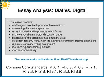 Preview of Essay Analysis Dial Vs Digital SMART (iPad compatible) Lesson Common Core 6,7,8