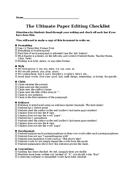 Preview of Essay Editing Student Checklist