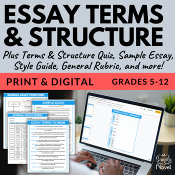 Preview of Essay Terms and Essay Structure Graphic Organizer with Quiz, Style Guide, & More