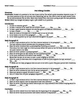 peer review essay checklist middle school