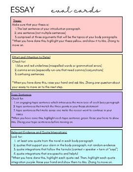 Preview of Essay Self/Peer Evaluation Card Game Printables