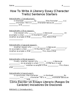 Preview of Essay Sentence Starters (4th Grade - Literary Essay) Spanish & English EDITABLE*