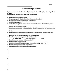 Preview of Essay Writing Checklist Middle School and High School