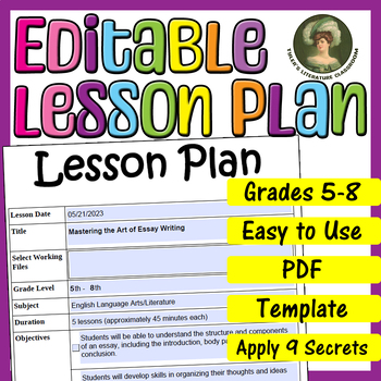 Preview of Essay Writing : Editable Lesson Plan for Middle School