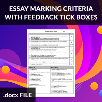 Preview of Essay Writing – Marking Criteria Rubric with Feedback Tick Boxes