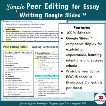 Preview of Essay Writing Peer Editing Guide Checklist & GSlide Display Learning Intentions