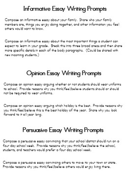 Preview of Essay Writing Prompts Opinion, Persuasive, Informative