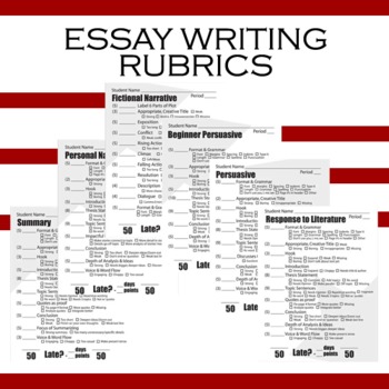 Preview of Essay Writing Rubrics - Summary, Narrative, Persuasive, Response to Literature