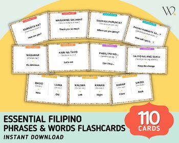 Preview of Essential Filipino Phrases 110 cards Flashcards - Filipino & English Translation