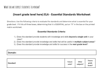 Preview of Essential Standards Worksheet Template - ELA