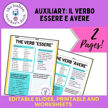 Preview of Essere and avere verbs: editable slides, printable, worksheets 9th-10th grade