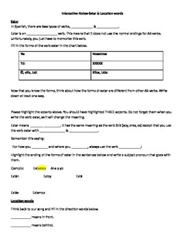 Preview of Estar and location word Interactive Notes