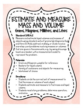 Preview of Estimate and Measure Mass and Volume Practice Worksheets: 3rd Grade