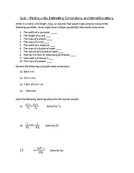 Preview of Estimated Conversions and Literal Equations Quiz