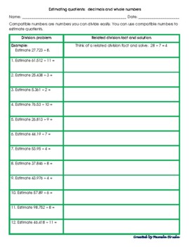 Preview of Estimating Quotients with Decimals, Whole Numbers - Practice with Answer Key