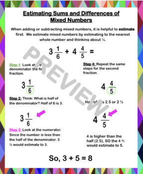 Preview of Estimating Sums and Differences of Mixed Numbers Anchor Chart