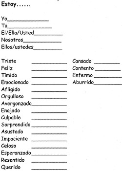 Preview of Spanish Emotions vocabulary- Las Emociones y "Estar" worksheet