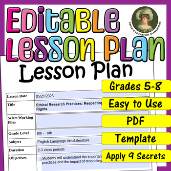 Preview of Ethical Research : Editable Lesson Plan for Middle School